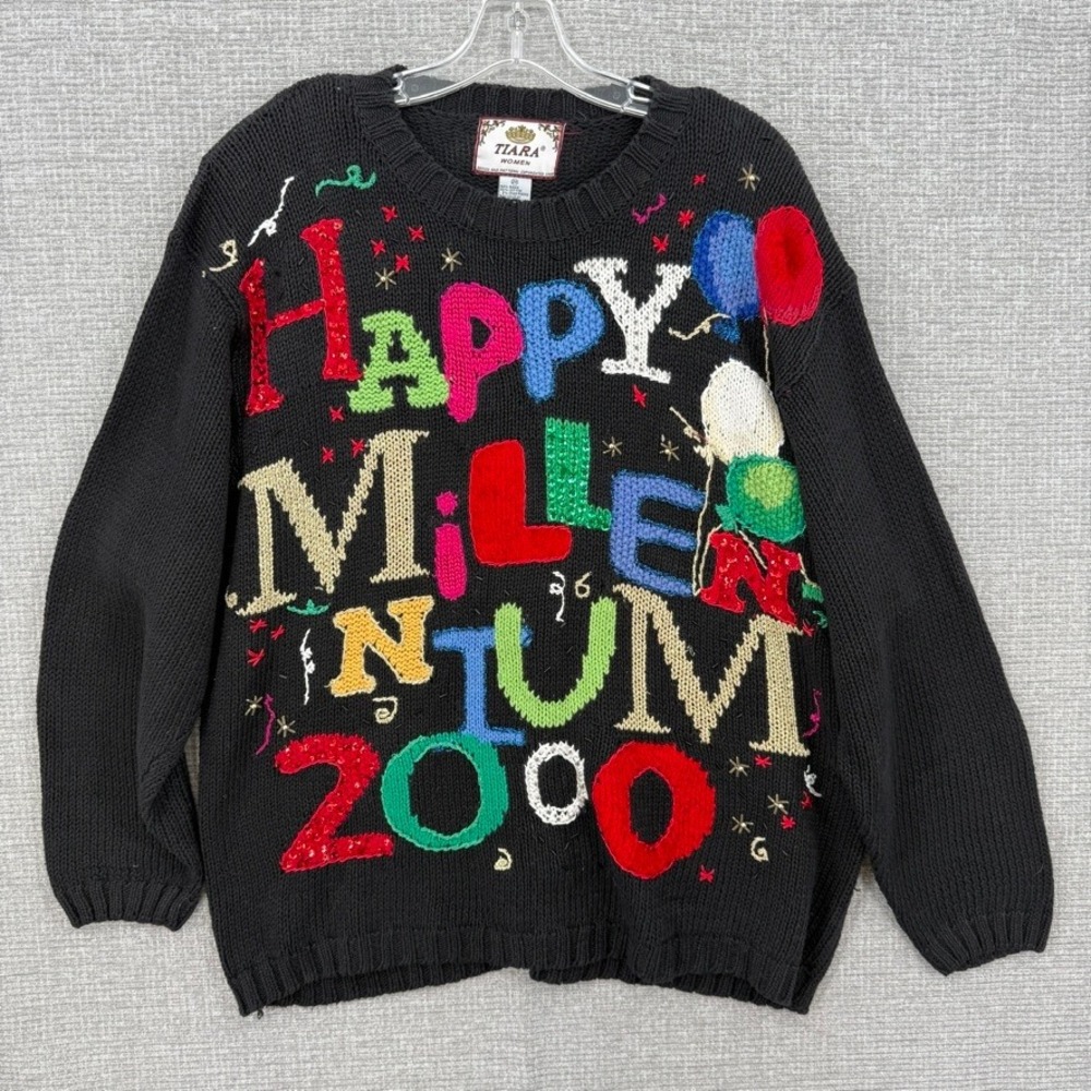 Vtg Tiara Happy Millennium 2000 Sweater Women 2X New Years Eve Sequin